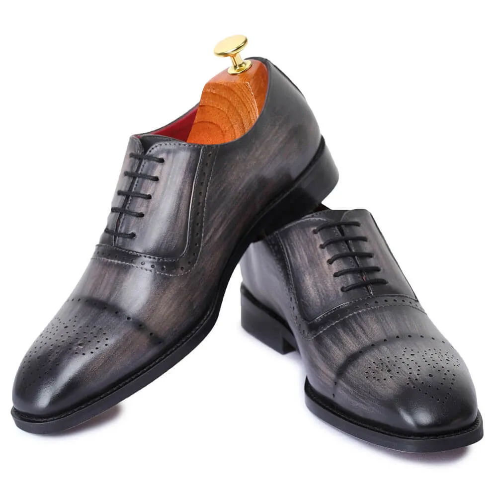 7 CM / 2.76 Inches Taller - CMR CHAMARIPA Dress Elevator Shoes - Handcrafted Medallion Toe Oxford - Gray