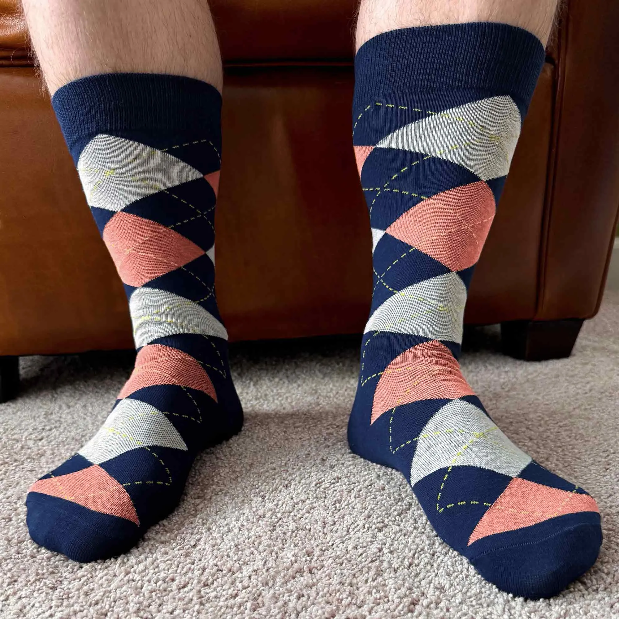 Men's Navy Blue and Coral Argyle Socks