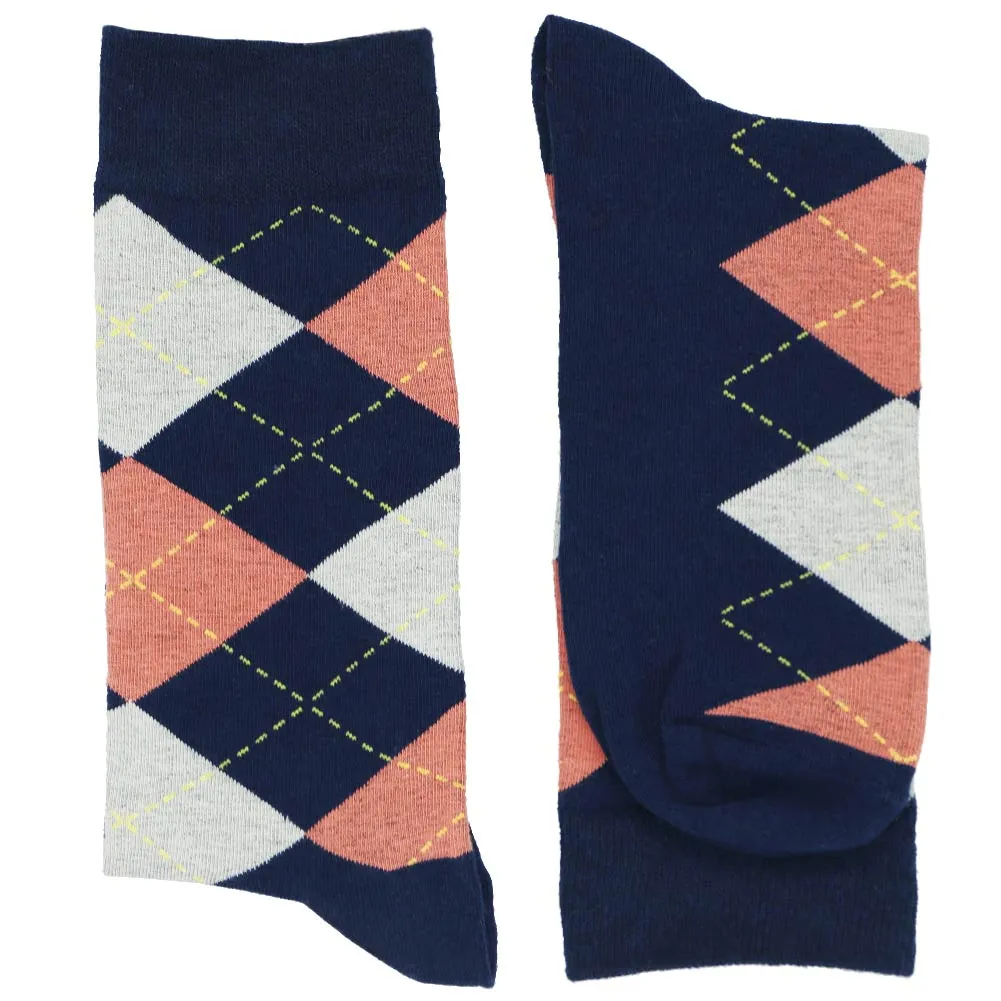 Men's Navy Blue and Coral Argyle Socks