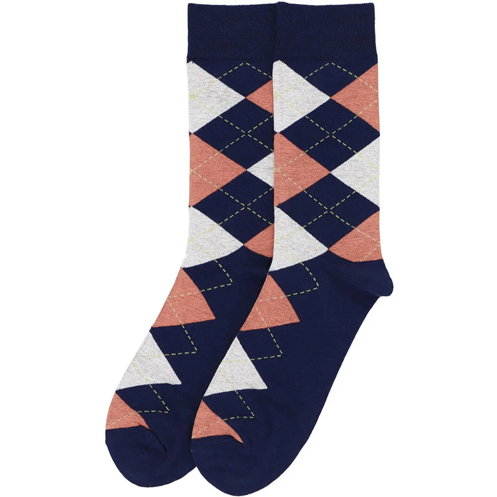 Men's Navy Blue and Coral Argyle Socks