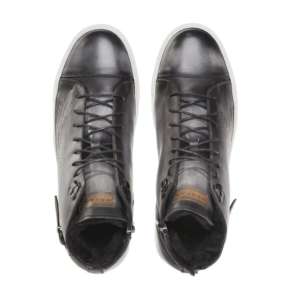 Mezlan A20044 Men's Shoes Gray Patina Leather Etched Hi-Top Sneakers (MZS3415)