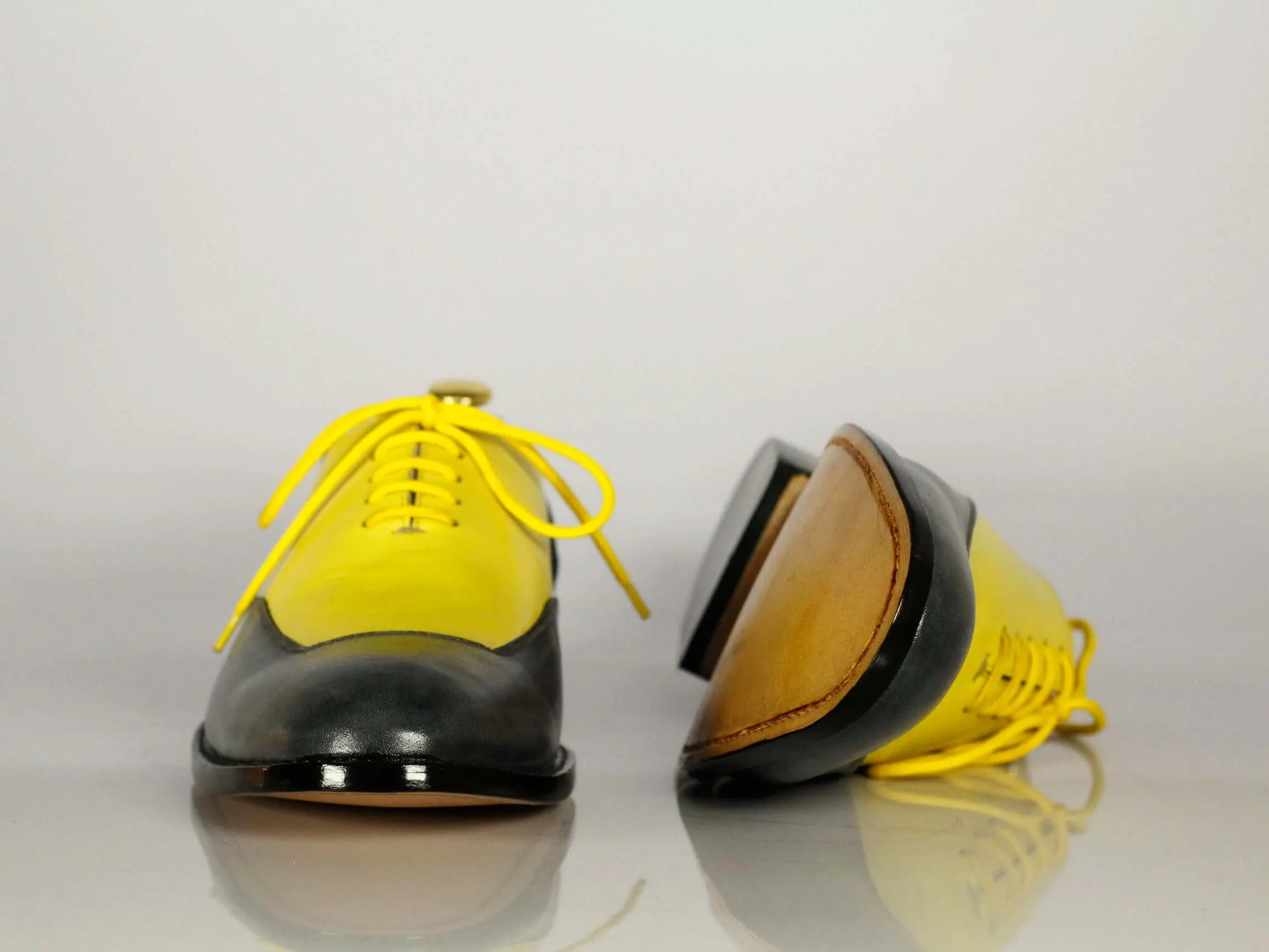 New Handmade Men's Gray Yellow Wing Tip Leather Lace Up Shoes, Men Designer Dress Formal Shoes