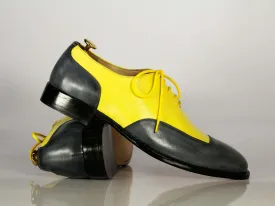 New Handmade Men's Gray Yellow Wing Tip Leather Lace Up Shoes, Men Designer Dress Formal Shoes
