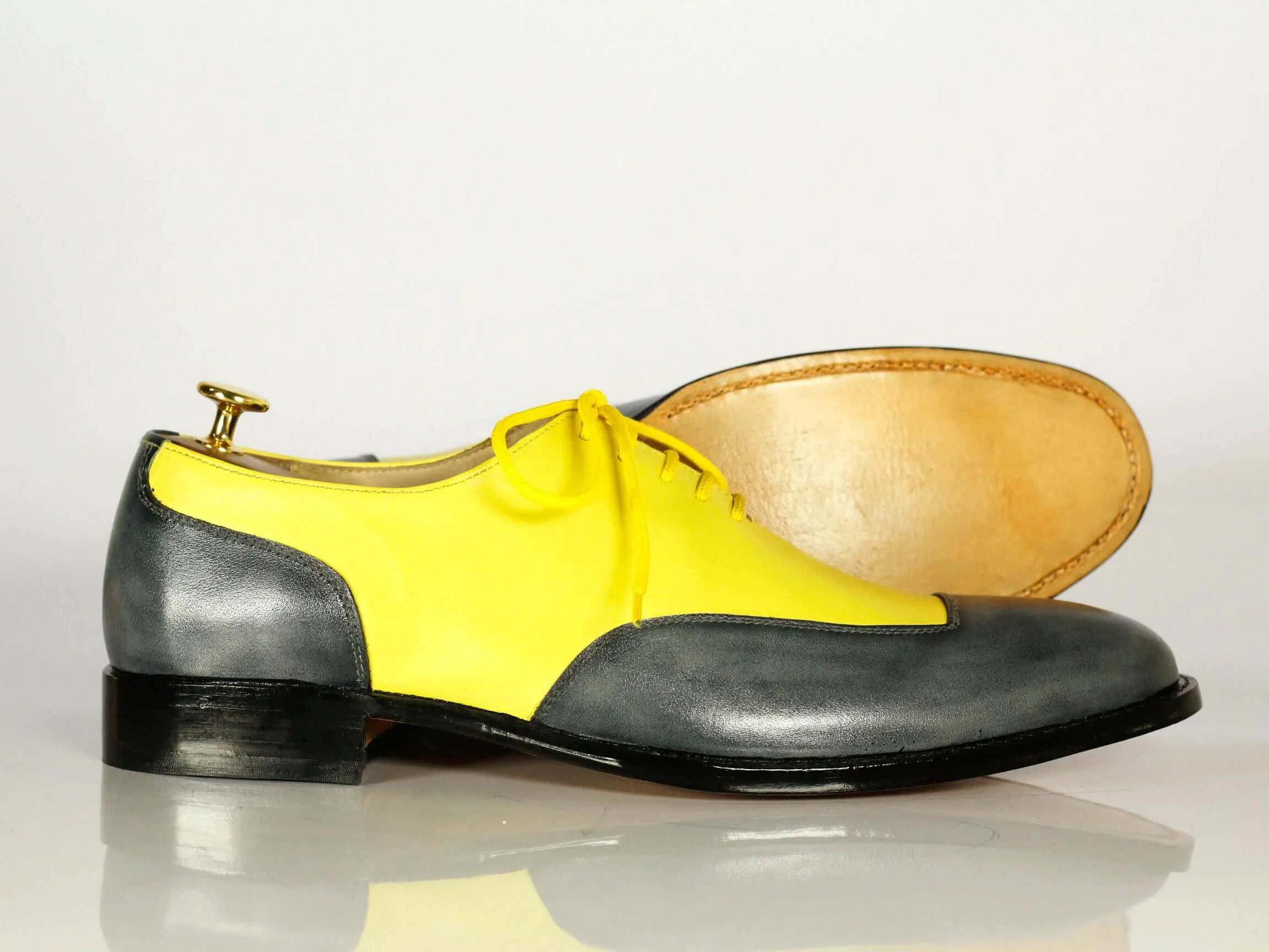 New Handmade Men's Gray Yellow Wing Tip Leather Lace Up Shoes, Men Designer Dress Formal Shoes
