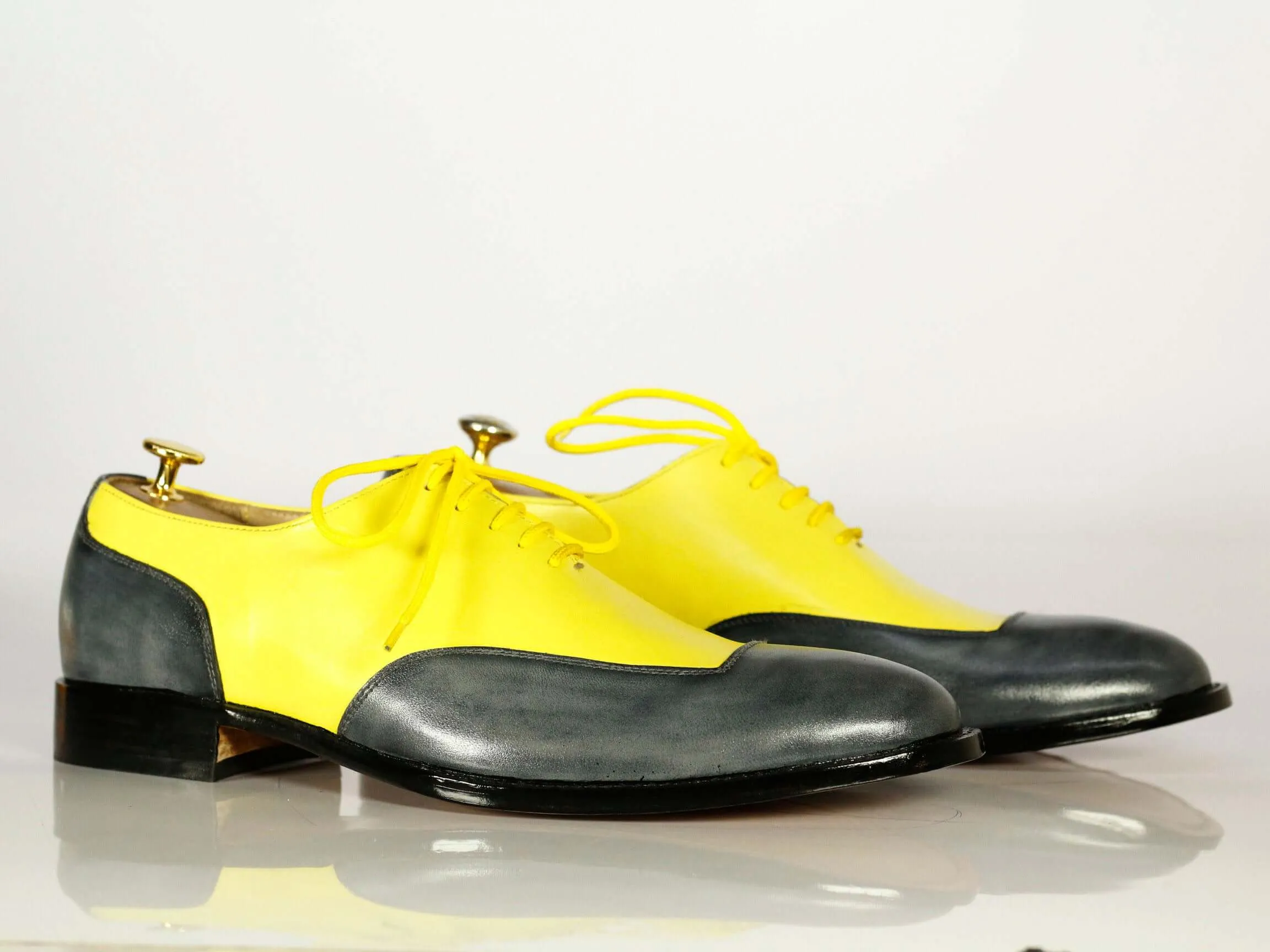 New Handmade Men's Gray Yellow Wing Tip Leather Lace Up Shoes, Men Designer Dress Formal Shoes