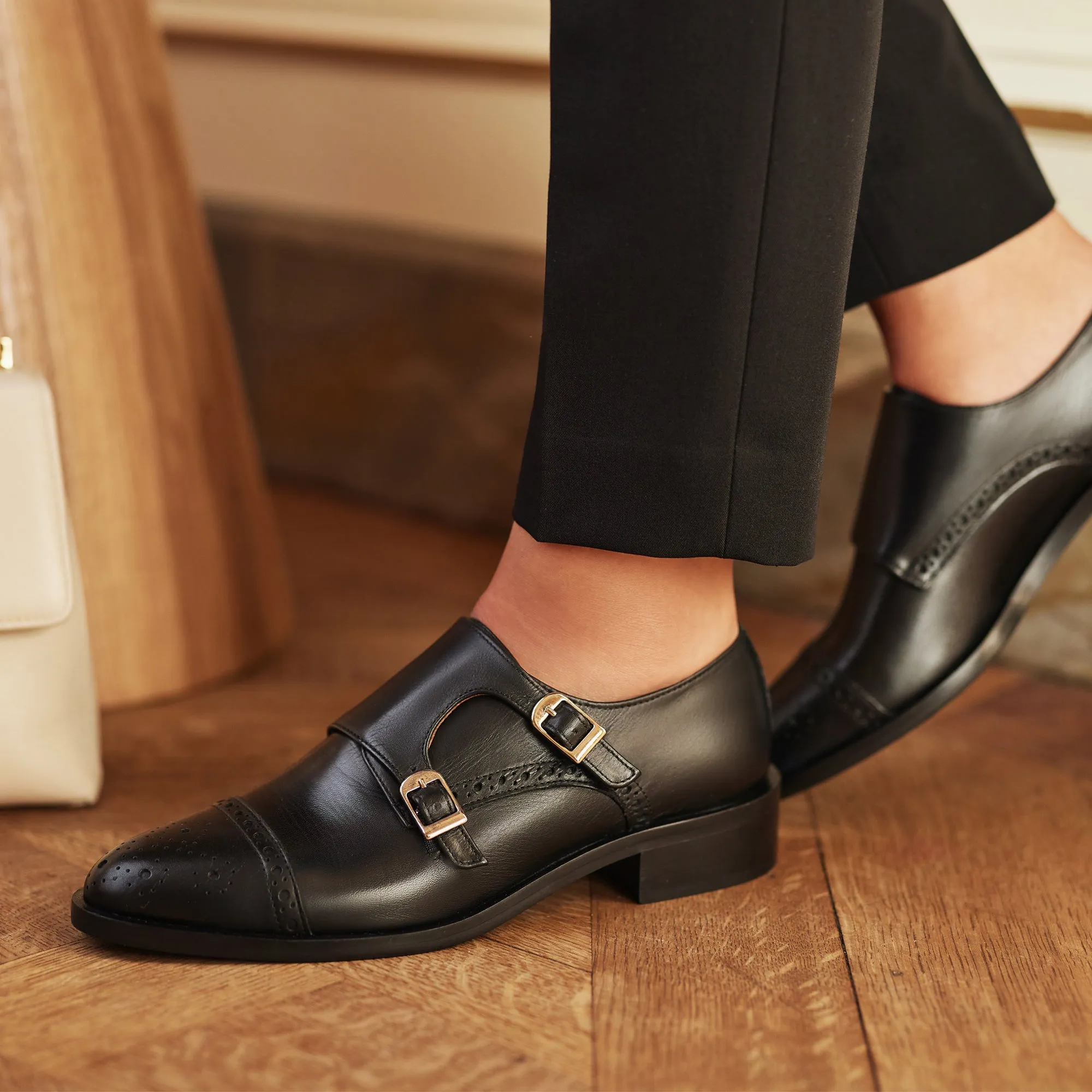 Vendôme Sophie black calfskin leather double monk shoes