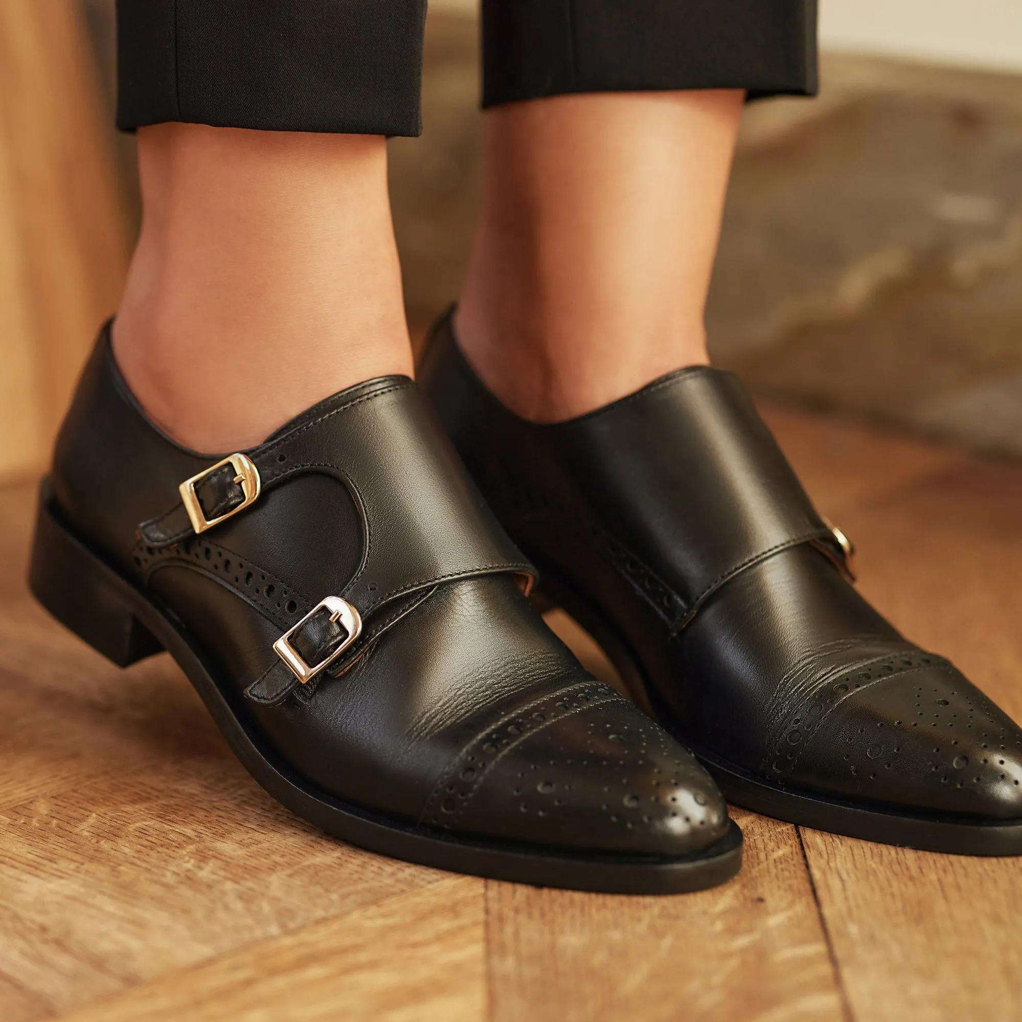 Vendôme Sophie black calfskin leather double monk shoes