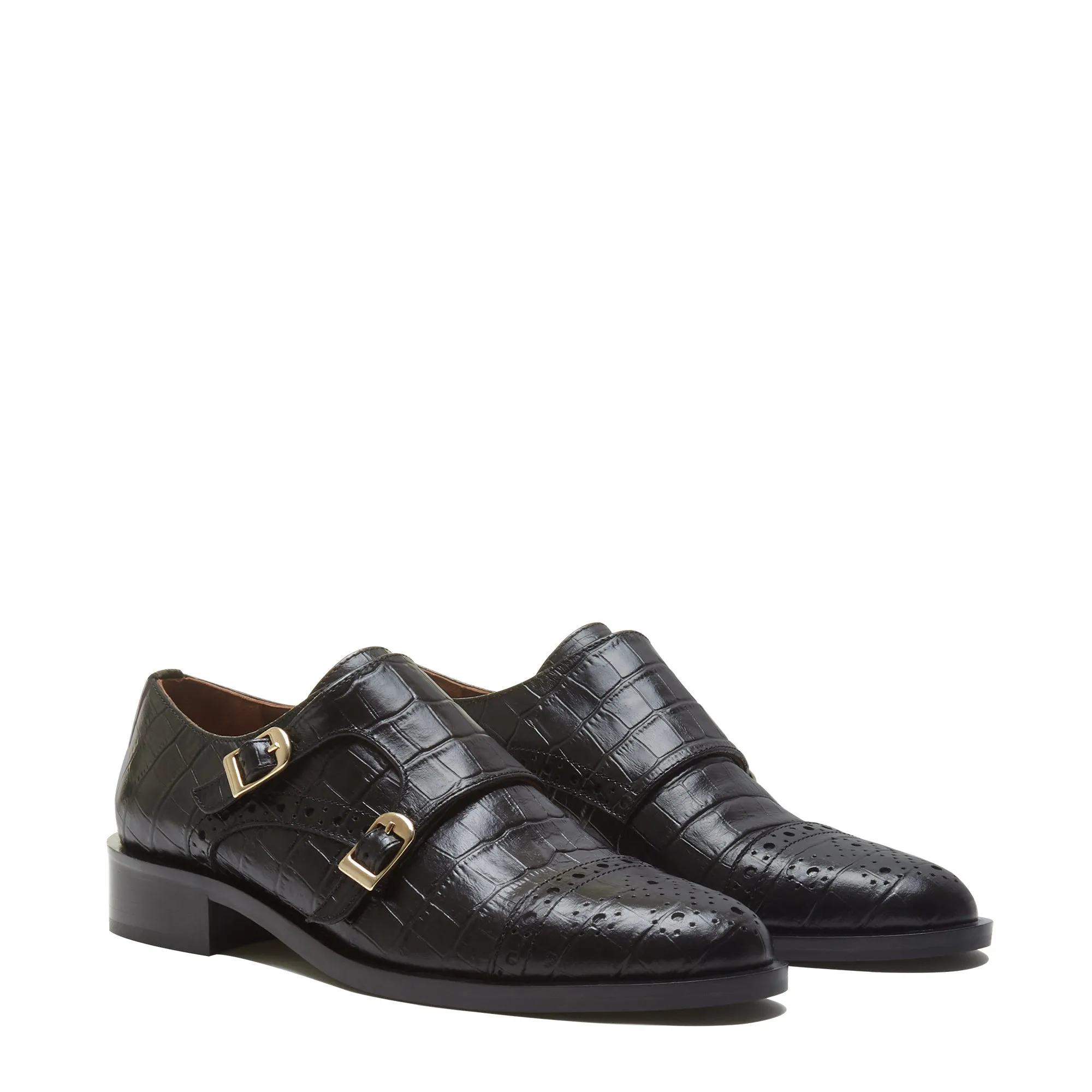 Vendôme Sophie croco black calfskin leather double monk shoes