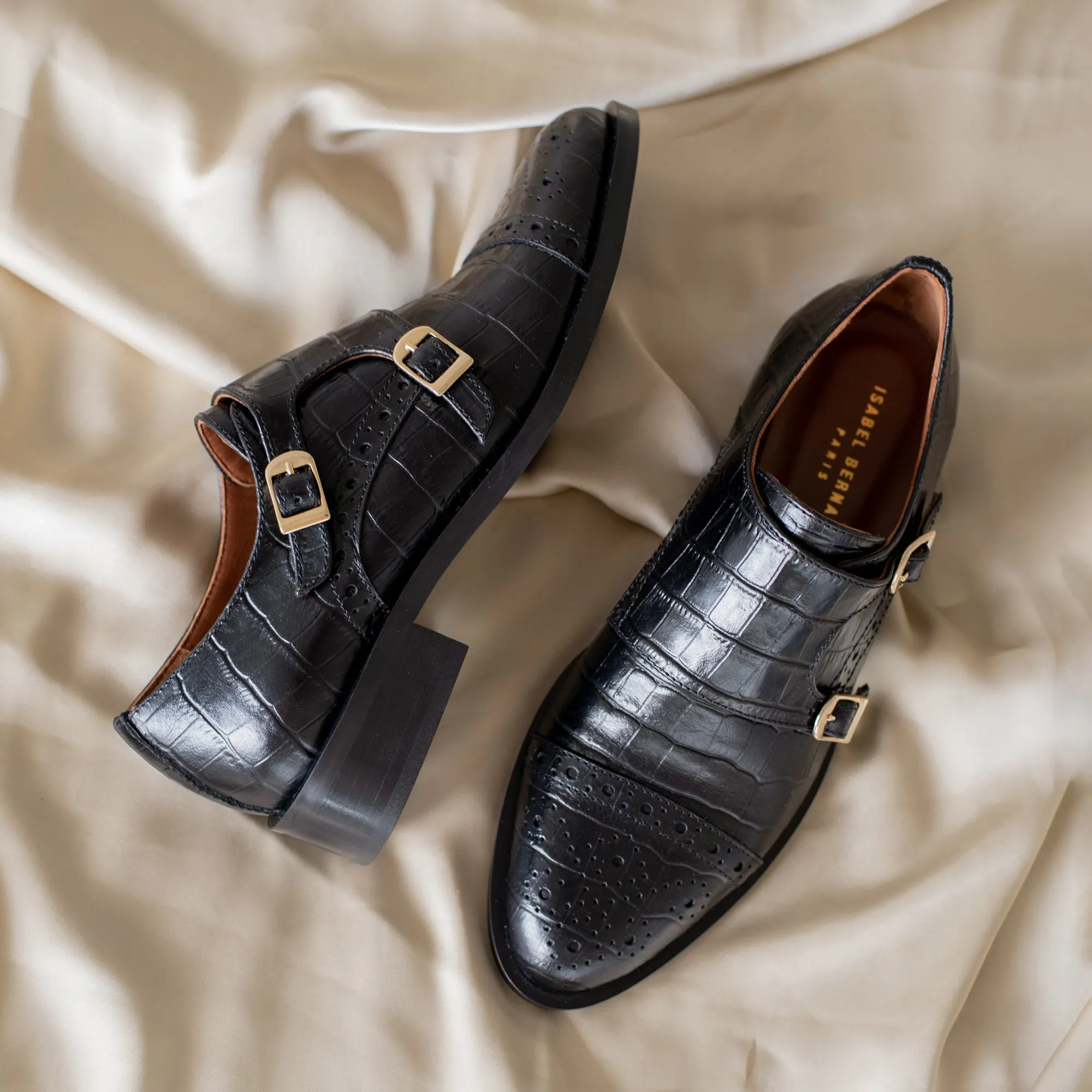 Vendôme Sophie croco black calfskin leather double monk shoes