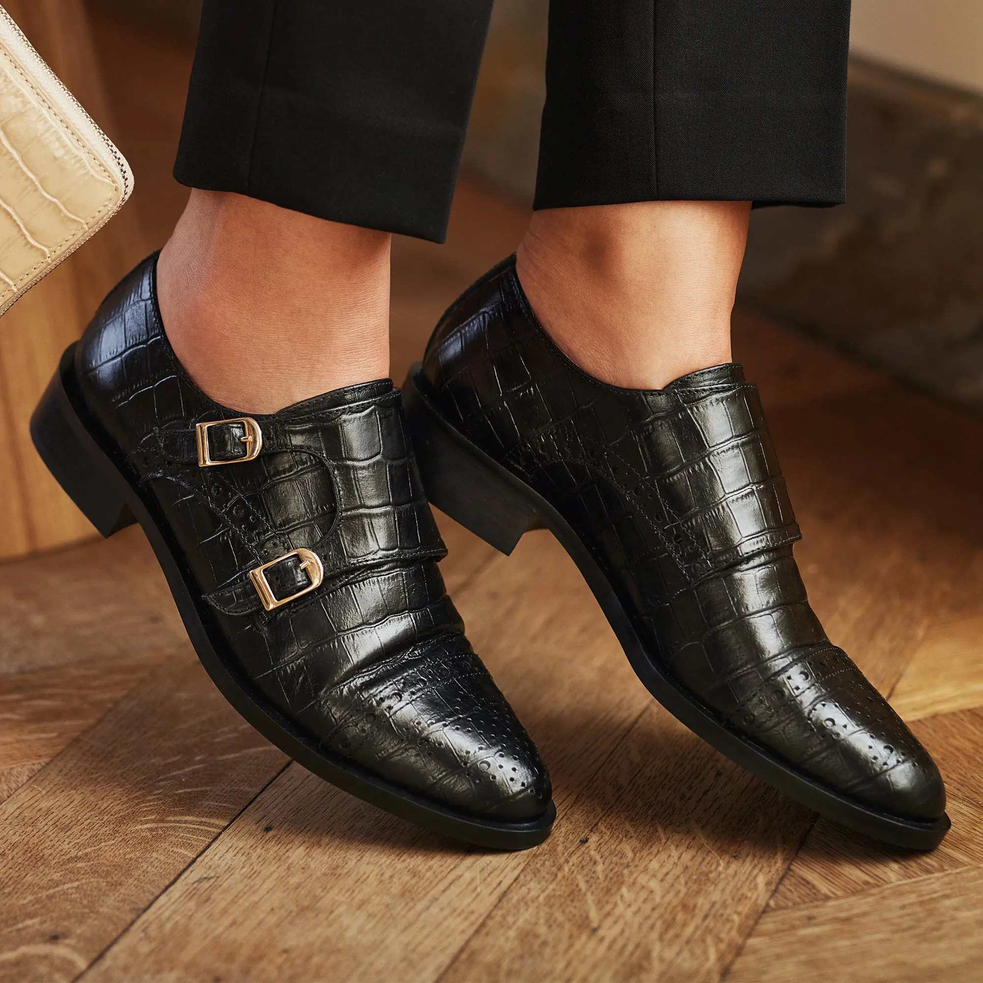 Vendôme Sophie croco black calfskin leather double monk shoes