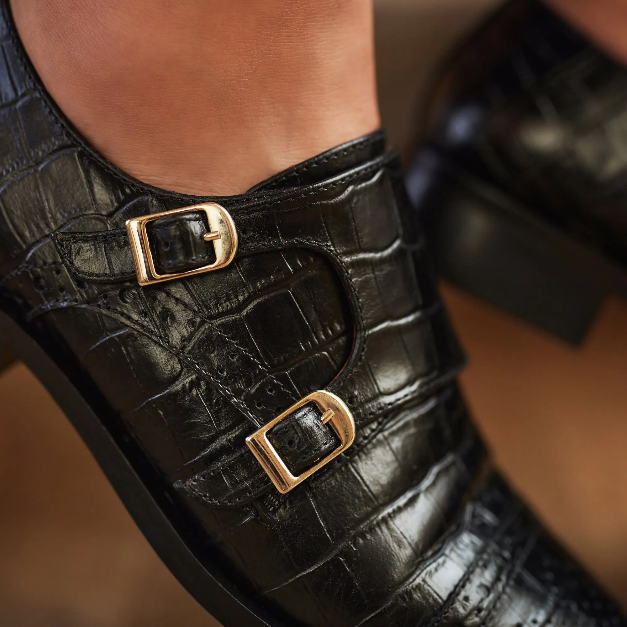 Vendôme Sophie croco black calfskin leather double monk shoes